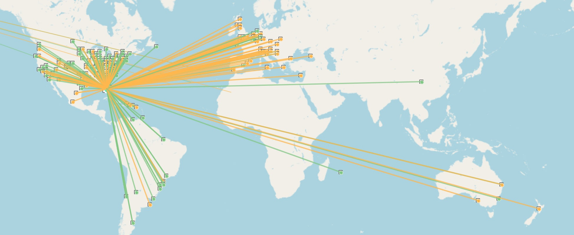 World map showing every WW Digi DX Contest QSO worked by W4GGJ radiating from St. Petersburg, Florida, out to Europe, South America, and Australia.