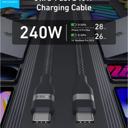 Anker USB-C to USB-C Cable (3 ft / 6 ft, 240W, Upcycled-Braided)