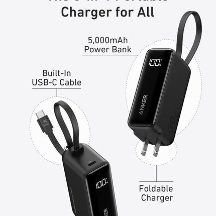 Anker Power Bank (30W, 5k,  Fusion, Built-In USB-C Cable)