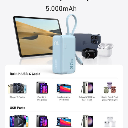 Anker Power Bank (30W, 5k,  Fusion, Built-In USB-C Cable)