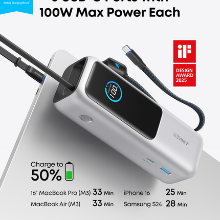Anker Laptop Power Bank (25K, 165W, Built-In and Retractable Cables)