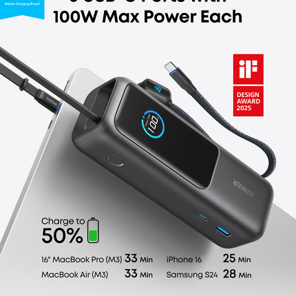 Anker Laptop Power Bank (25K, 165W, Built-In and Retractable Cables)