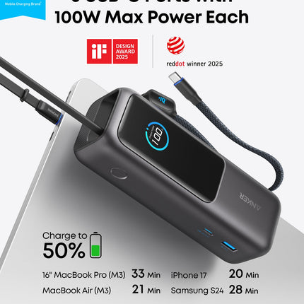 Anker Laptop Power Bank (25K, 165W, Built-In and Retractable Cables)
