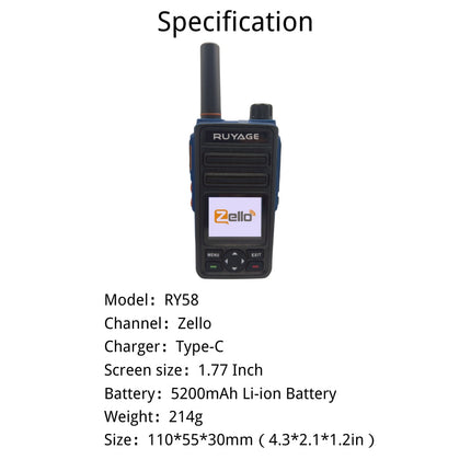 RUYAGE RY58 Zello 4G LTE PoC Radio Long Range Nationwide Walkie Talkie