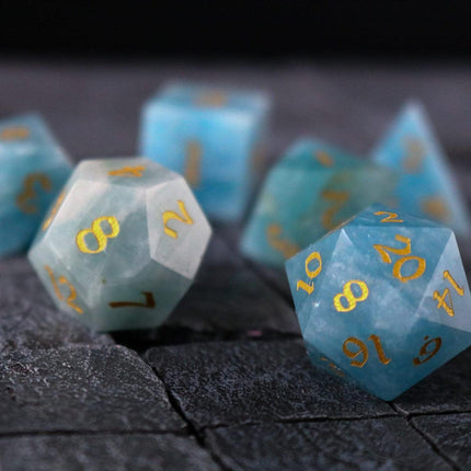 Gemstone Blue Aquamarine Stone Hand Carved DND Dice Set