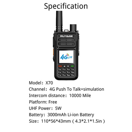 Ruyage X70 Nationwide Lifetime Free 4g+Uhf Walkie Talkies | Global Unlimited Range Dual Mode 2 Way Radios,Relay Function,3000mAh,for Job Site with SIM Cards 2 Pack