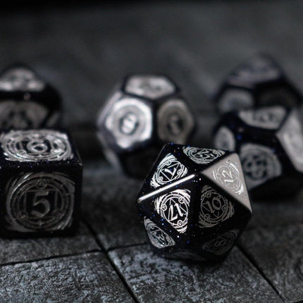 Mage Fury Blue Sandstone Silver Font Gemstone DND Dice Set
