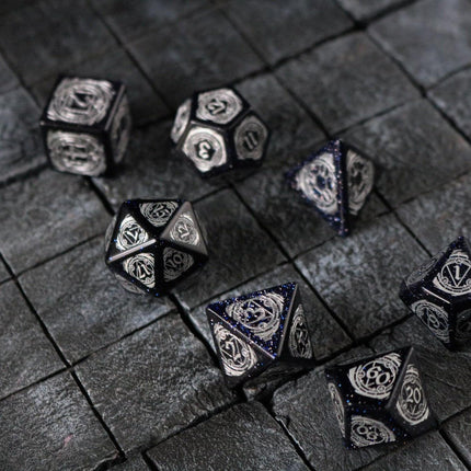 Mage Fury Blue Sandstone Silver Font Gemstone DND Dice Set