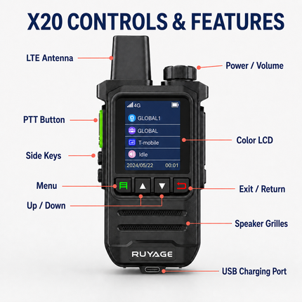 RUYAGE X20 Lightweight 4G LTE PoC Walkie Talkie – 1-Year Service