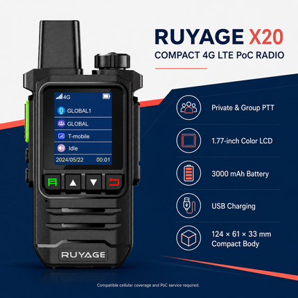 RUYAGE X20 Lightweight 4G LTE PoC Walkie Talkie – 1-Year Service