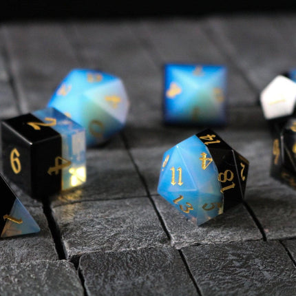 Synthetic Gemstone Two Tone White/Black Hand Carved DND Dice Set