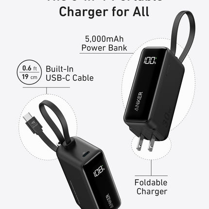 Anker Power Bank (30W, 5k,  Fusion, Built-In USB-C Cable)