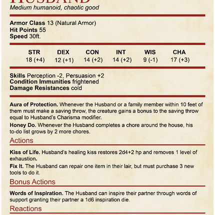 DnD Husband Stat Block T-Shirt