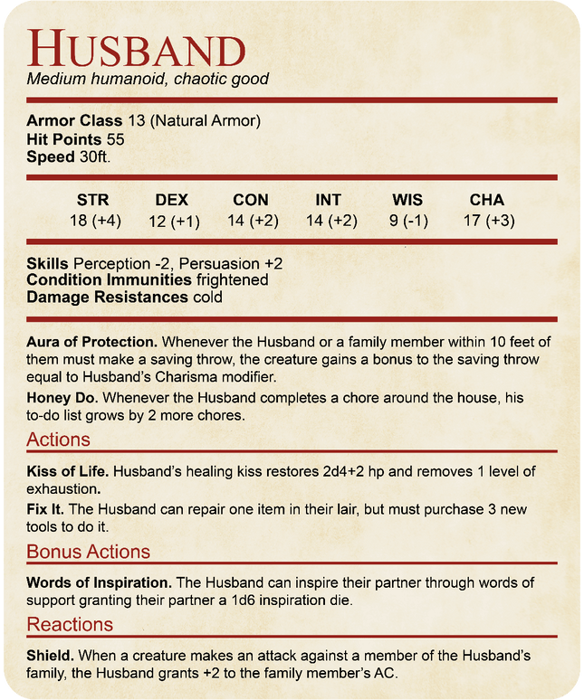 DnD Husband Stat Block T-Shirt